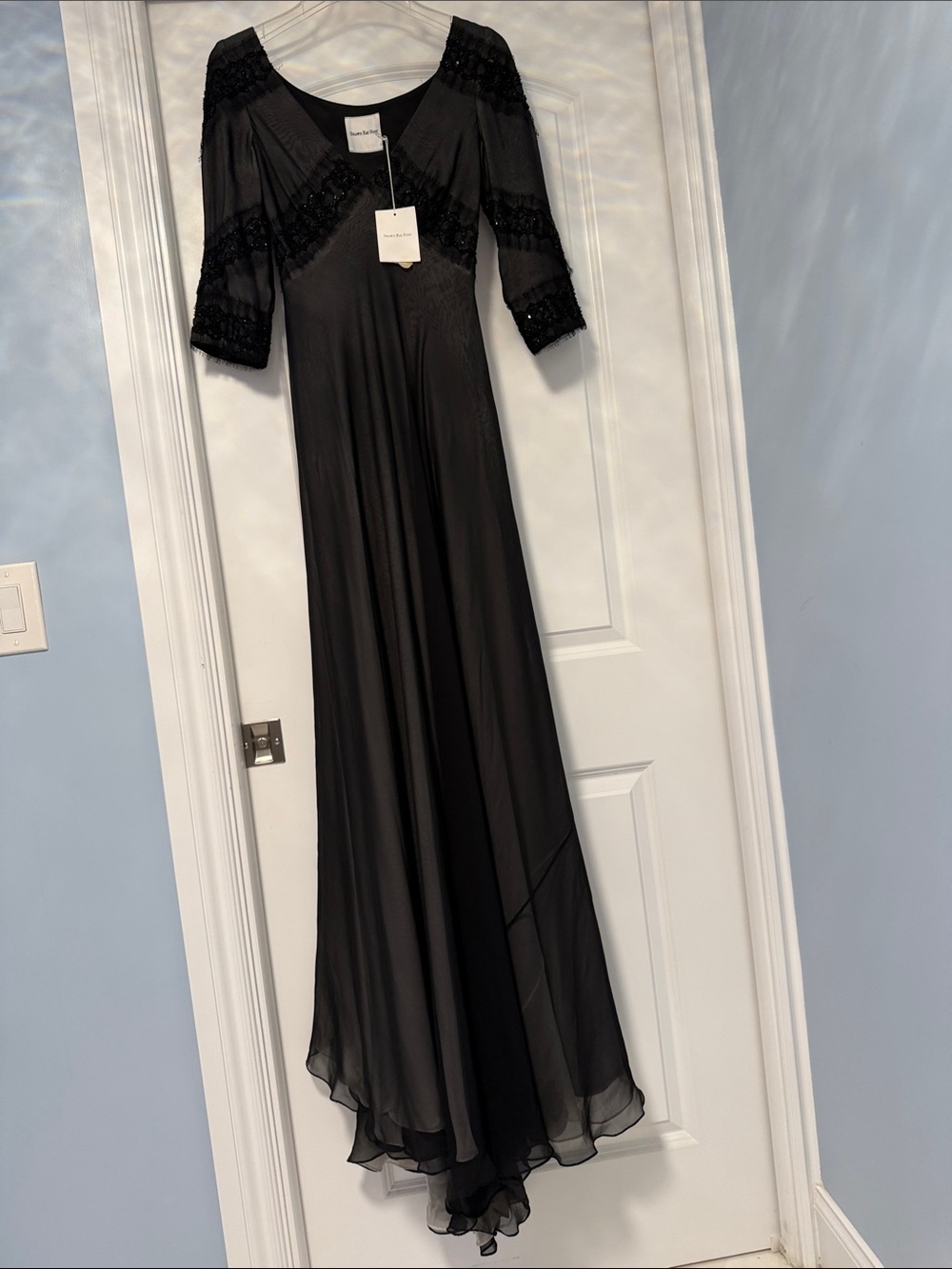 Shawn Ray Fons Vintage Deadstock Smoke Chiffon Beaded Tiered Gown XS
